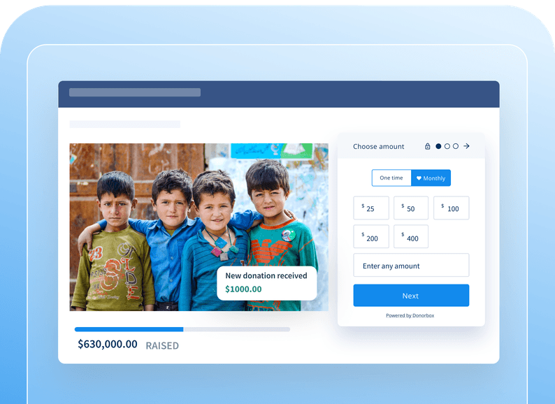 Webpage with fundraising feature showing four children. Interface options for donation amounts, monthly or one-time gifts, and total raised.