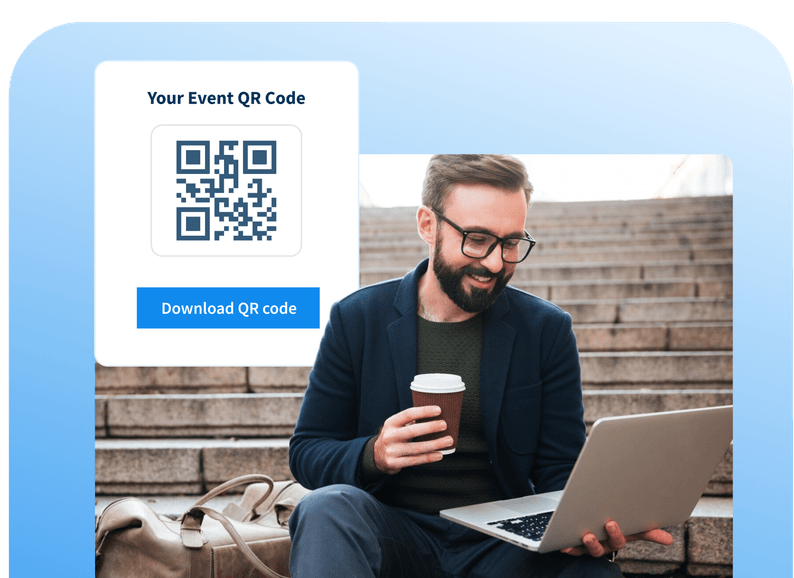 Man with beard and glasses sitting on stairs, holding a coffee cup and using a laptop. A QR code with a "Download QR code" button is displayed.