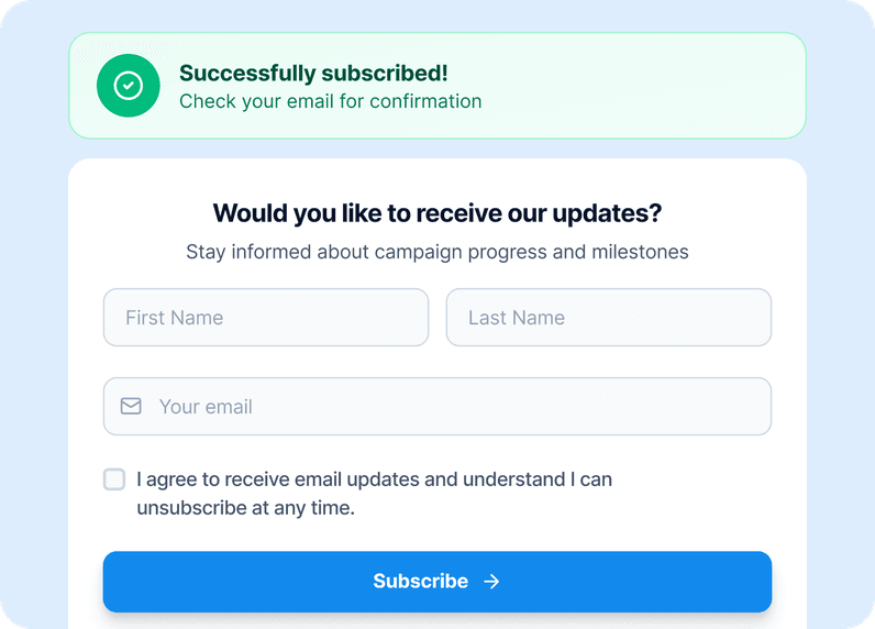 Subscription confirmation message above a form prompting users to subscribe for updates with fields for first name, last name, and email.