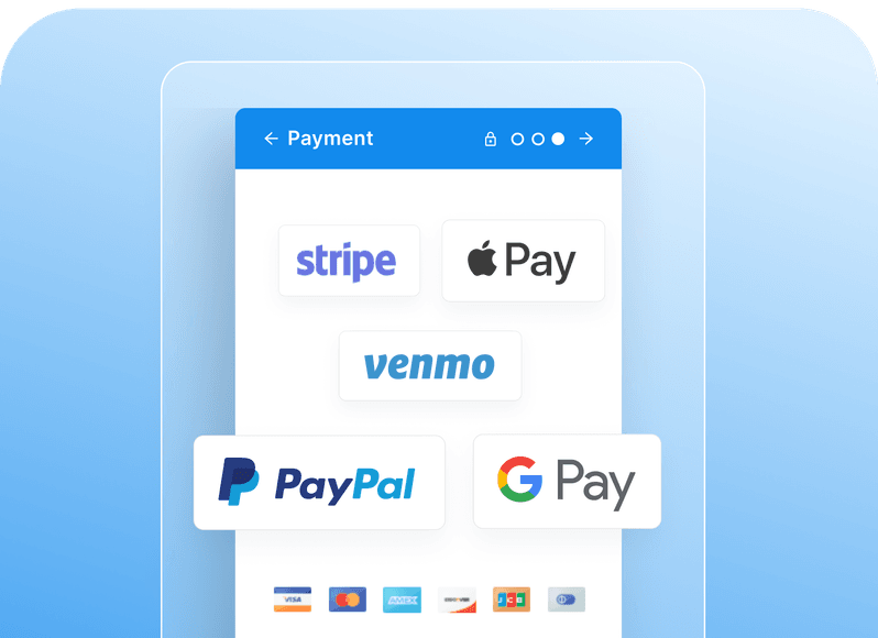 Payment interface displaying Stripe, Apple Pay, Venmo, PayPal, and Google Pay logos, with credit card logos below.