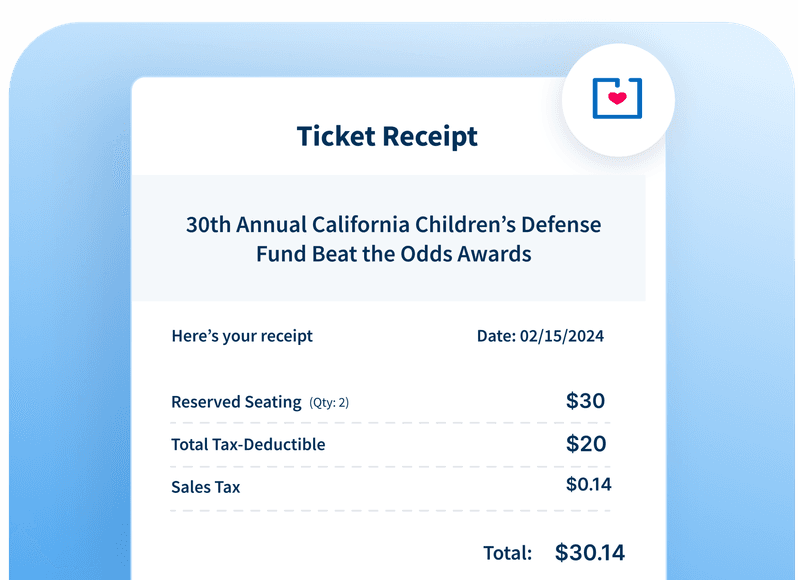 Ticket receipt for the 30th Annual California Children’s Defense Fund Awards, totaling $30.14, including reserved seating and tax.