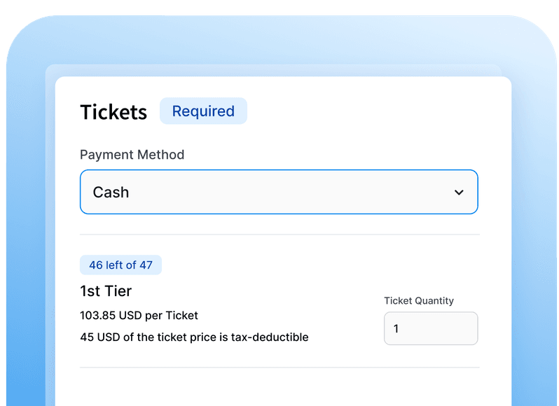 Ticket purchase interface showing payment by cash, 1 ticket at 103.85 USD with 45 USD tax-deductible. 46 tickets remaining.
