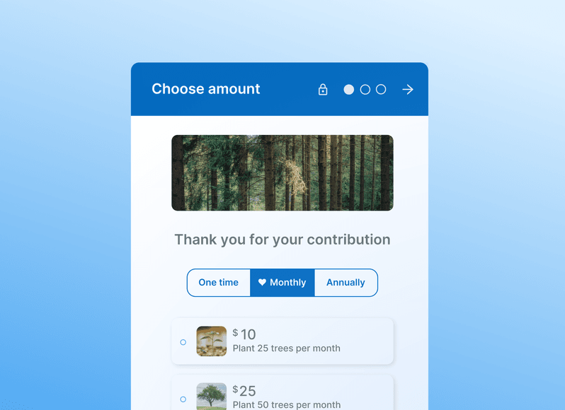 Donation app interface for tree planting options, featuring monthly plans and a forest image header.