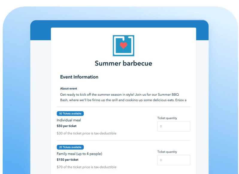 Event page for a "Summer barbecue" with meal options and prices, including individual and family meals, displayed on a blue and white background.