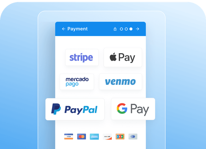 Payment options interface displaying logos for Stripe, Apple Pay, Mercado Pago, Venmo, PayPal, and Google Pay, with credit card icons below.