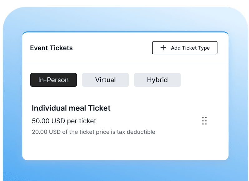 Event ticket interface showing options: In-Person, Virtual, Hybrid. Individual meal ticket is $50; $20 is tax deductible. Add Ticket Type button visible.