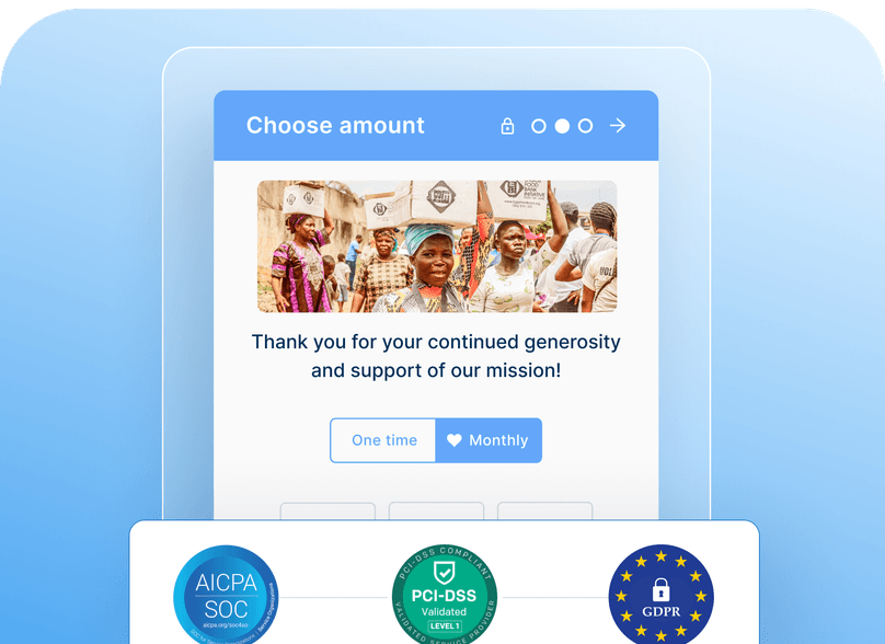 Online donation form with "Choose amount" header, smiling people in a photo, "Thank you for your generosity" message, and security badges below.