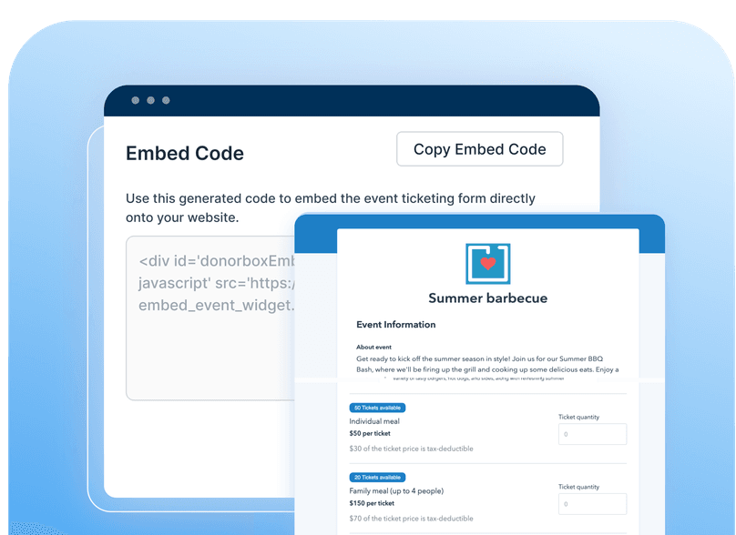 Event ticketing webpage showing an embed code window and details for a "Summer barbecue" event, including ticket options and prices.