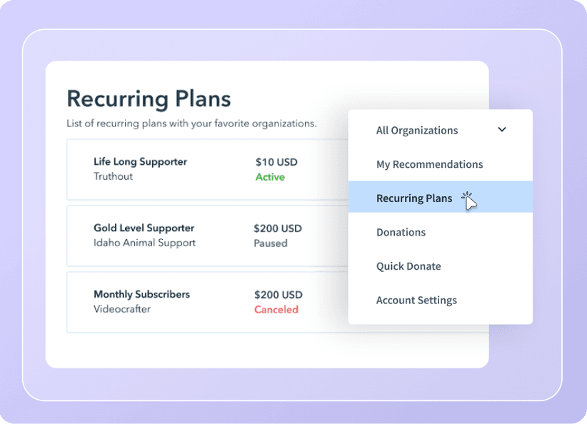 Dropdown menu open on a "Recurring Plans" page showing subscription statuses: Active, Paused, and Canceled for various organizations.