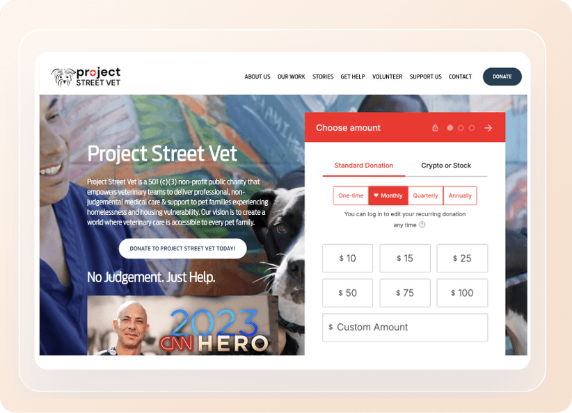 Screenshot of Project Street Vet website, featuring a donation section and text about providing veterinary care to families in need.