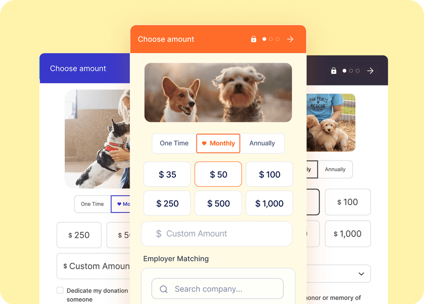 Donation selection interface with monthly options. Features images of dogs and donation amounts ranging from $35 to $1,000.
