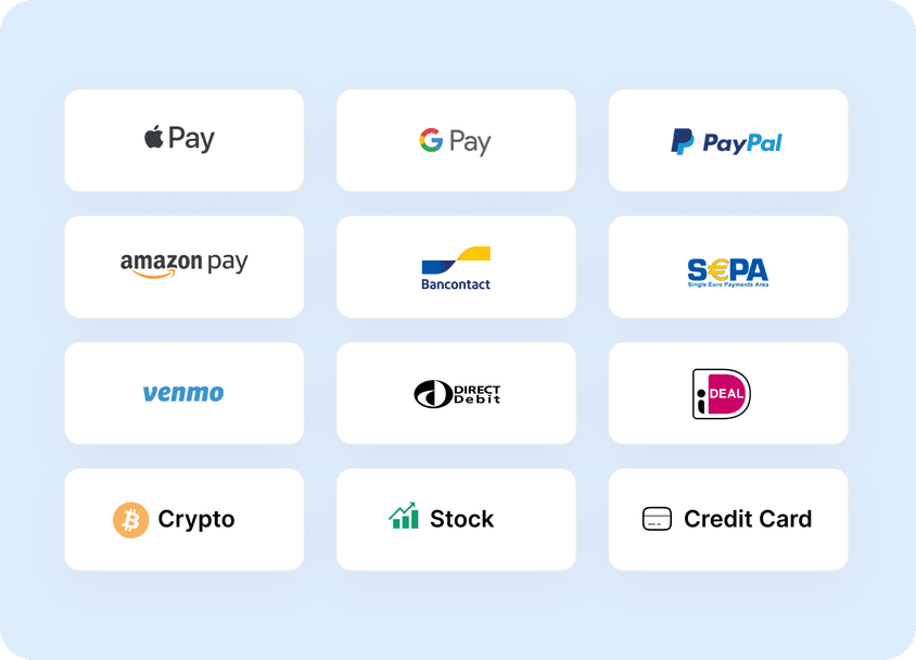 Grid of payment options including Apple Pay, Google Pay, PayPal, Amazon Pay, Bancontact, SEPA, Venmo, Direct Debit, iDEAL, Crypto, Stock, Credit Card.