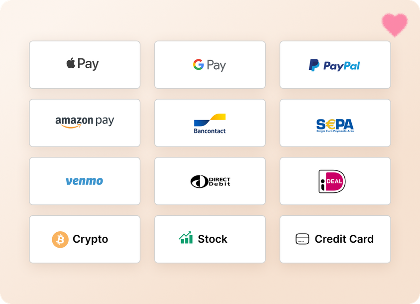 Grid of payment options: Apple Pay, Google Pay, PayPal, Amazon Pay, Bancontact, SEPA, Venmo, Direct Debit, iDEAL, Crypto, Stock, Credit Card.