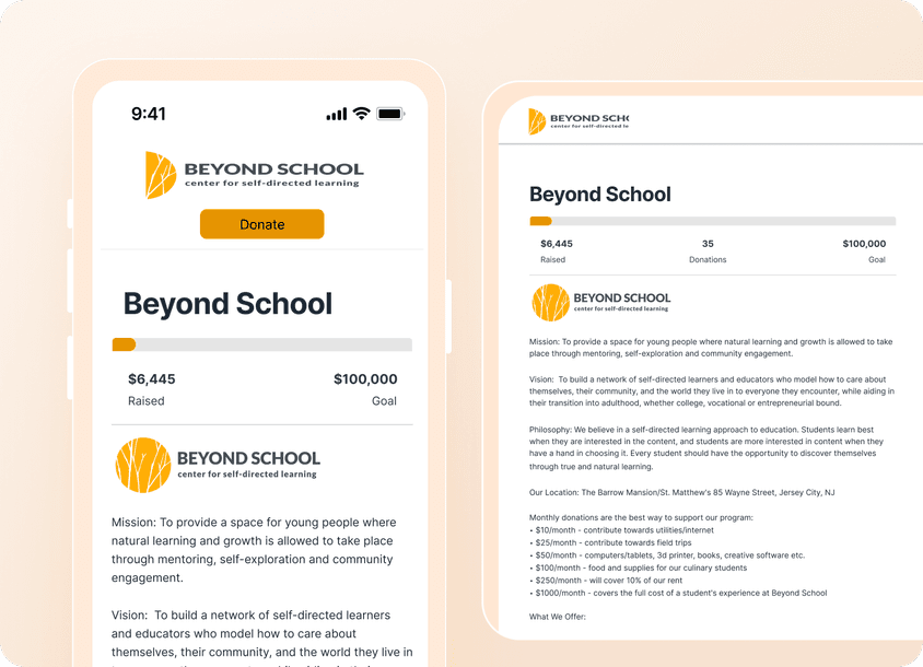 Mobile and tablet screens display a fundraising page for "Beyond School," showing $6,445 raised of a $100,000 goal with donation options.