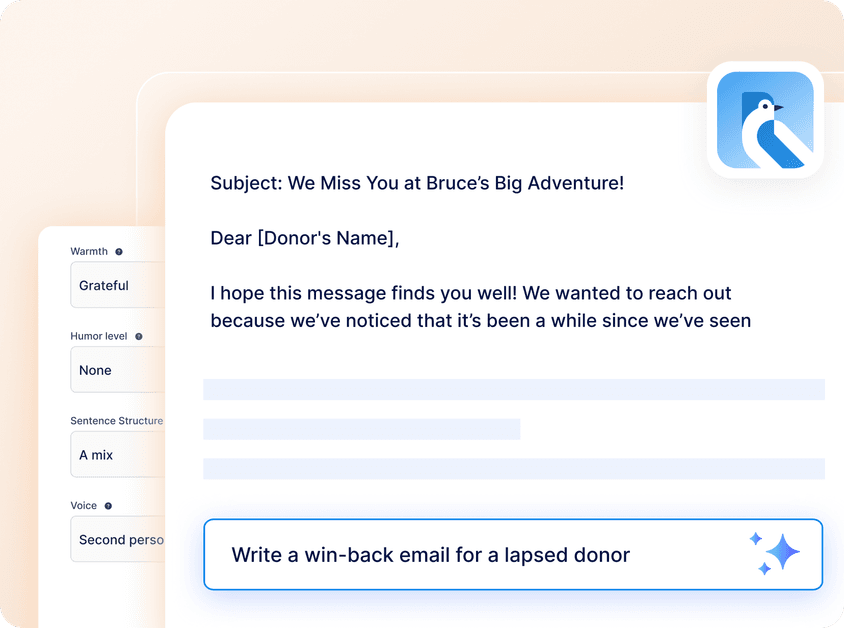 Email draft template for a lapsed donor, featuring subject and body text fields, with options for tone, humor, and voice adjustments.