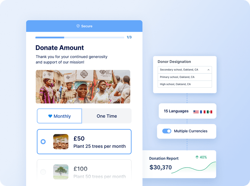 Online donation form with "Donate Amount" options, donor designation dropdown, language and currency settings, and a donation report showing $30,370.
