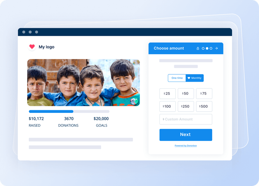 Charity website interface showing donation goal and progress with four smiling children and options for choosing donation amounts.