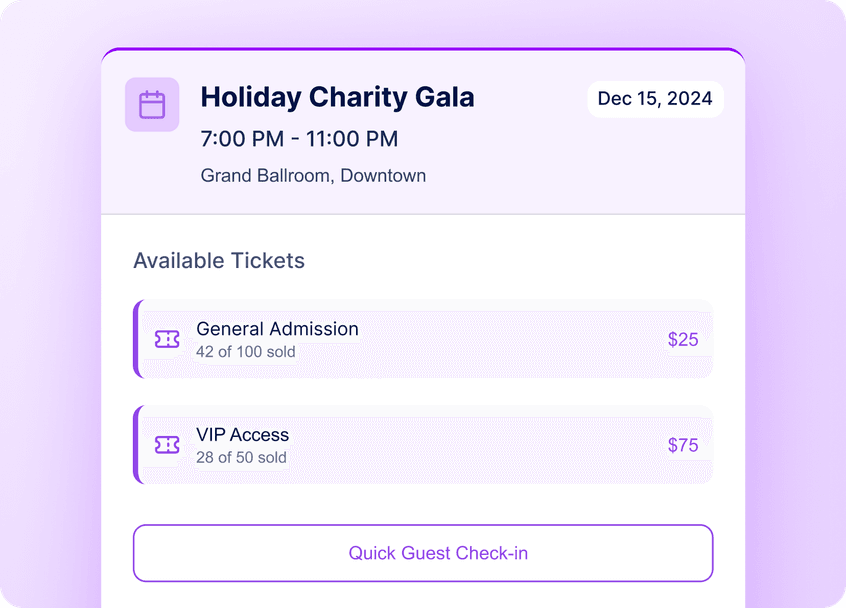 Event page for "Holiday Charity Gala" on Dec 15, 2024, listing ticket options for General Admission and VIP Access with check-in button.