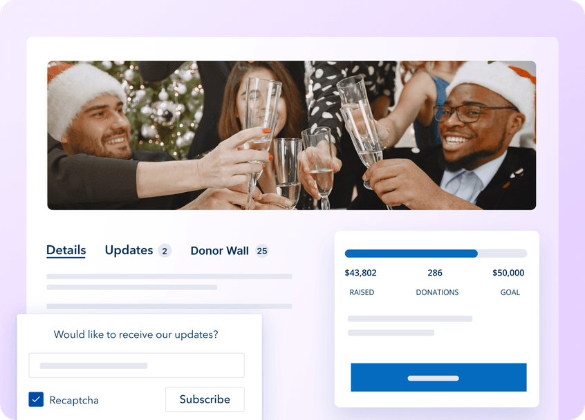 People in festive attire toast with champagne; donation progress bar shows $43,802 raised toward a $50,000 goal.