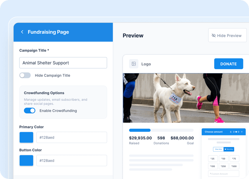 Fundraising page interface showing campaign setup on left and preview on right, featuring a person running with a white dog.