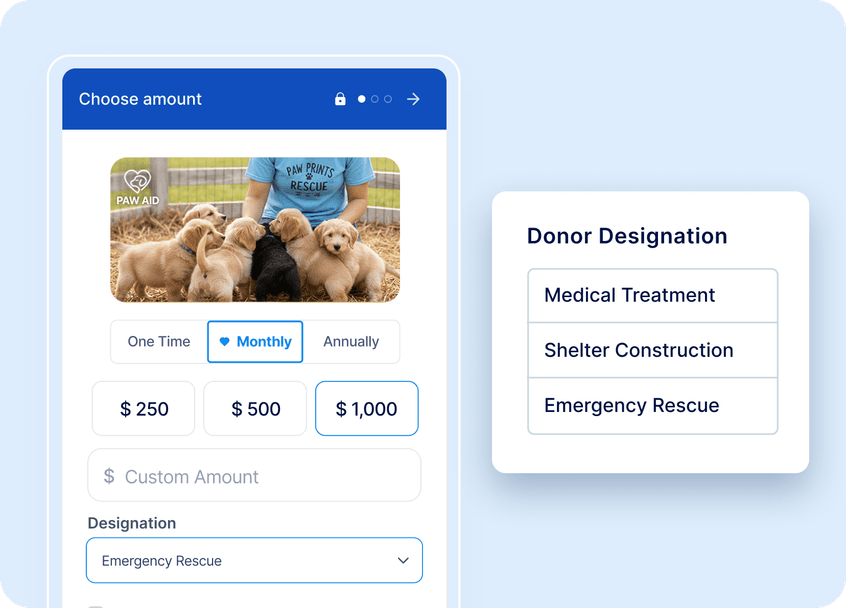 Donation form for "Paw Aid" featuring puppies. Options for one-time, monthly, or annual donations and donor designation categories displayed.