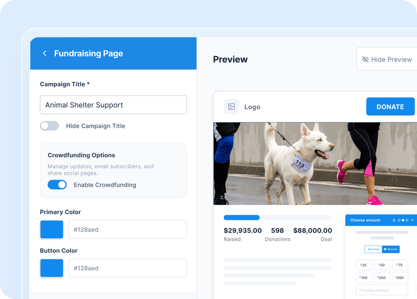 Fundraising page editor for "Animal Shelter Support" with a running dog image, showing $29,935 raised and $88,000 goal. Enable crowdfunding toggled on.