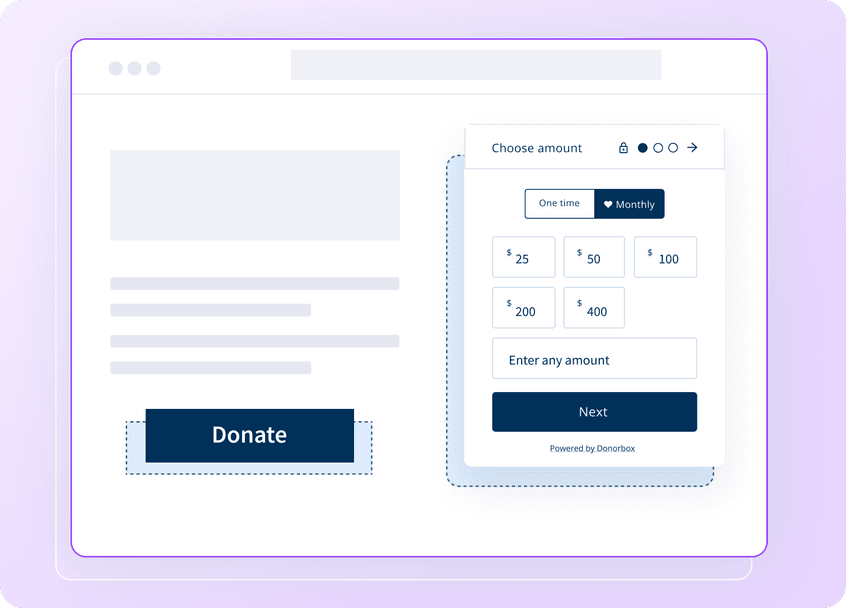 Online donation form with options for one-time or monthly contributions, preset amounts, and a custom entry field.