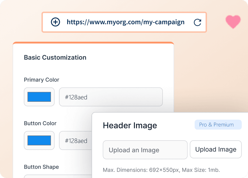 Web customization interface showing color selection and image upload options for a campaign page, with a heart icon above.