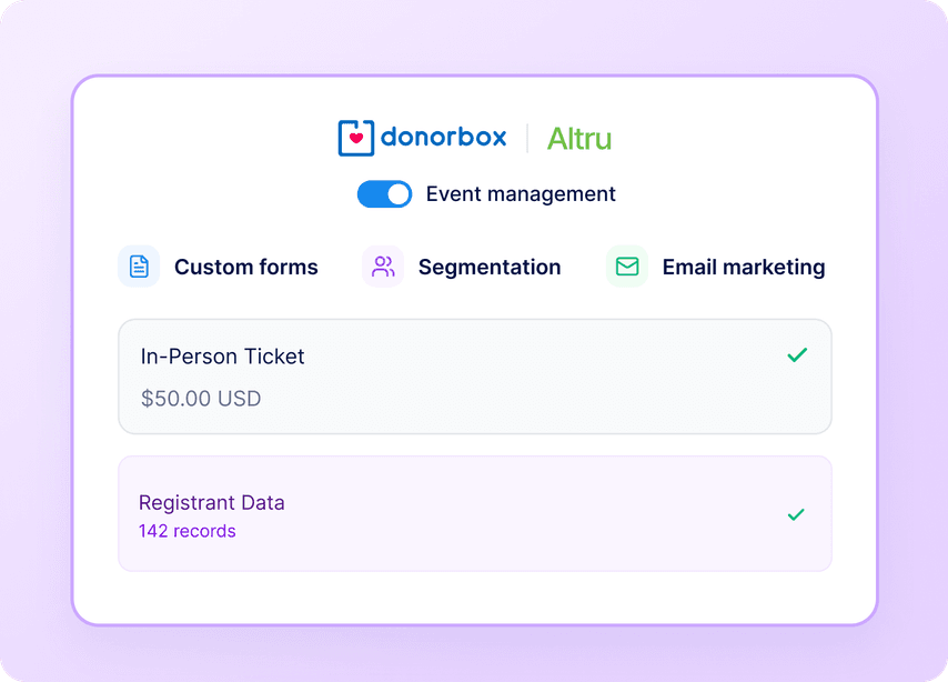 Interface of Donorbox and Altru integration showing ticket pricing, options for custom forms, segmentation, email marketing, and registrant data.