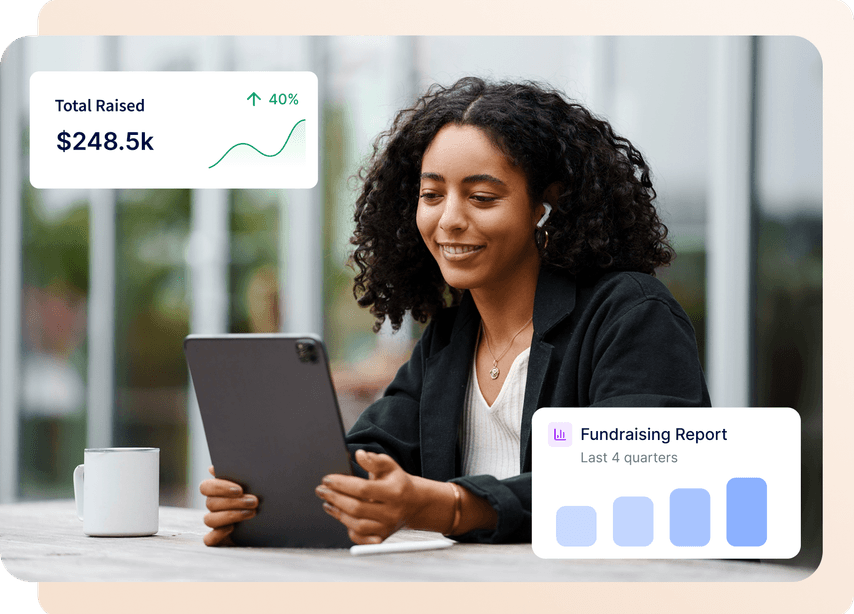 Smiling woman with tablet, next to fundraising data charts showing $248.5k raised, 40% increase, and quarterly report graph.