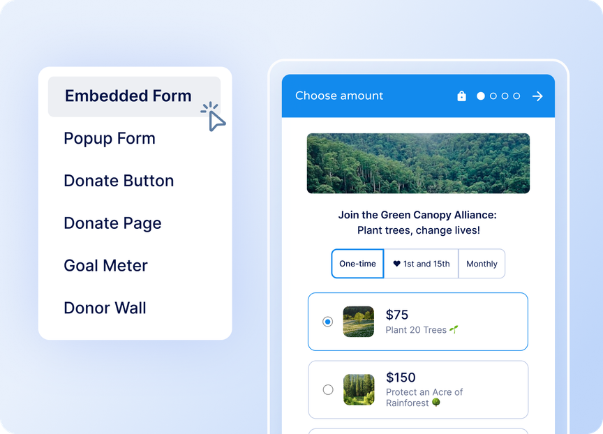Donation form interface for the Green Canopy Alliance with options for one-time or monthly donations to plant trees or protect rainforests.