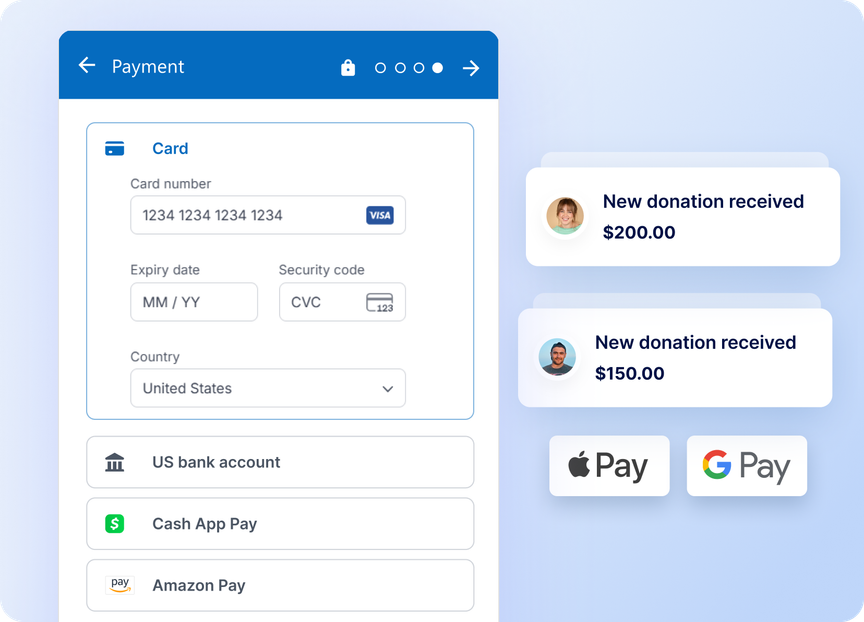 Payment form with card details, bank options, and logos for Apple Pay and Google Pay. Notifications show donations of $200 and $150.
