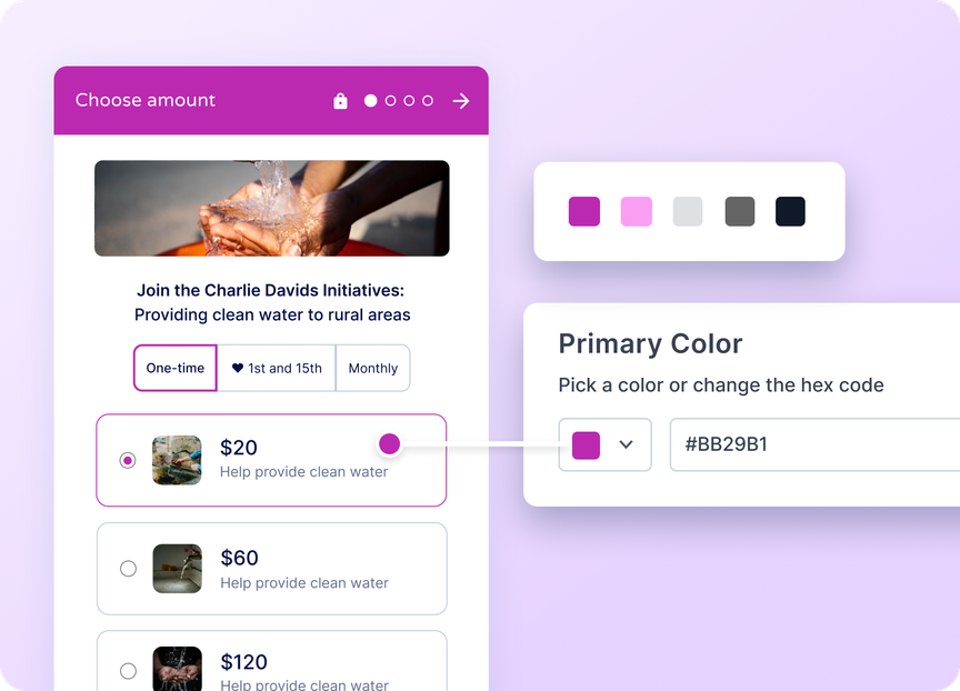 Donation page for providing clean water, with options for one-time or monthly gifts. Primary color is customizable with hex code #BB29B1.