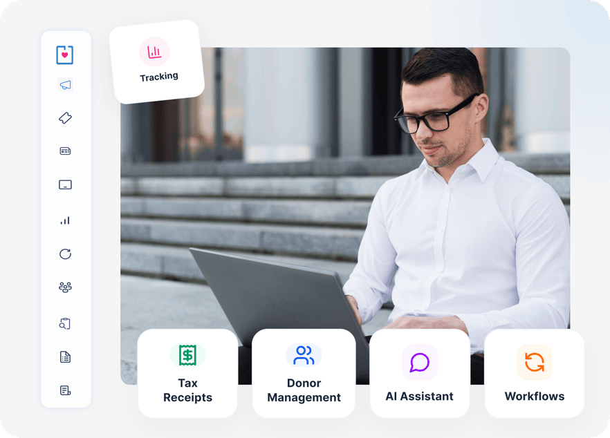 Man in white shirt using laptop outdoors; interface icons for tracking, tax receipts, donor management, AI assistant, and workflows displayed.