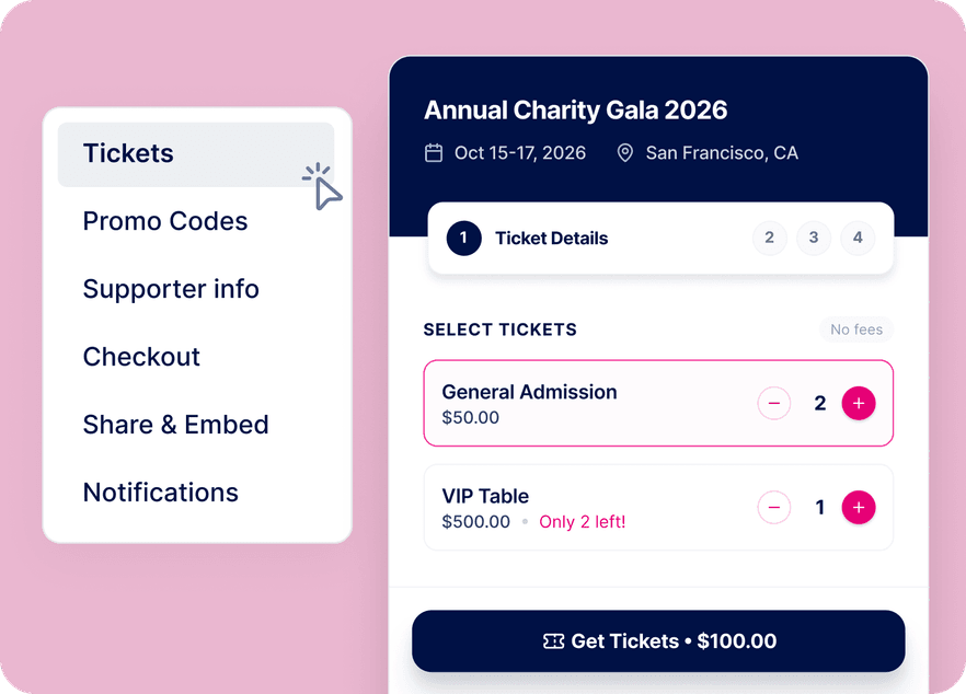 Ticket purchase interface for Annual Charity Gala 2026, showing ticket options and prices on a pink background. Location: San Francisco, CA.