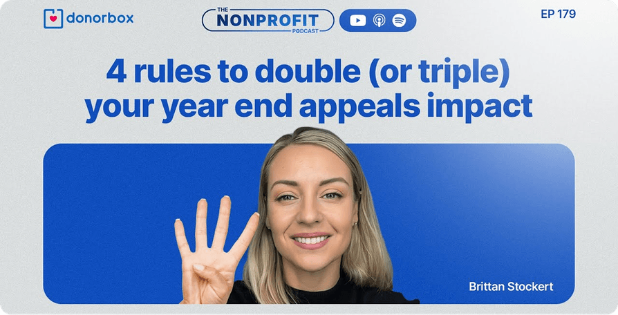 Woman holding up four fingers, promoting "4 rules to double (or triple) your year end appeals impact" on a podcast episode banner.