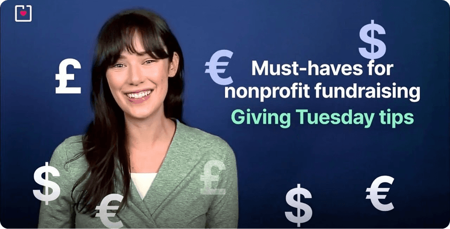 Smiling woman against blue background with currency symbols. Text: "Must-haves for nonprofit fundraising. Giving Tuesday tips."