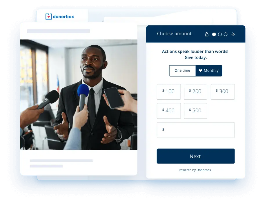 Donorbox donation form with a man being interviewed by reporters and donation amount options of $100 to $500 with monthly giving toggle.