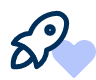 Blue rocket icon next to a purple heart on a white background.