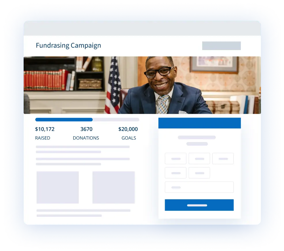 Fundraising campaign webpage showing a smiling man in a suit with an American flag, displaying $10,172 raised of $20,000 goal with 3,670 donations.