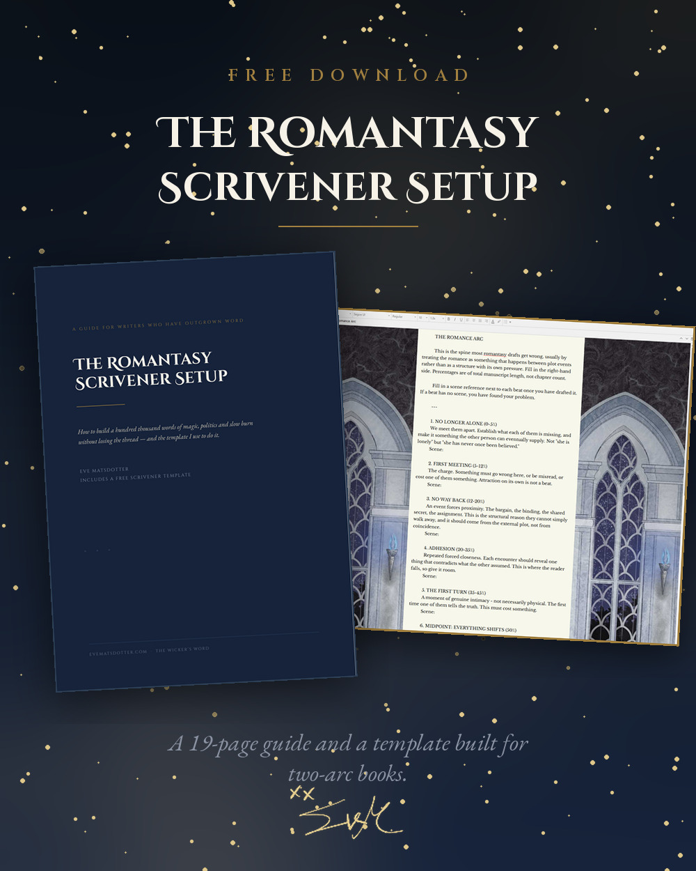 Cover graphic for the free Romantasy Scrivener Setup: a dark blue guide booklet beside two pages of the template, on a starry background.