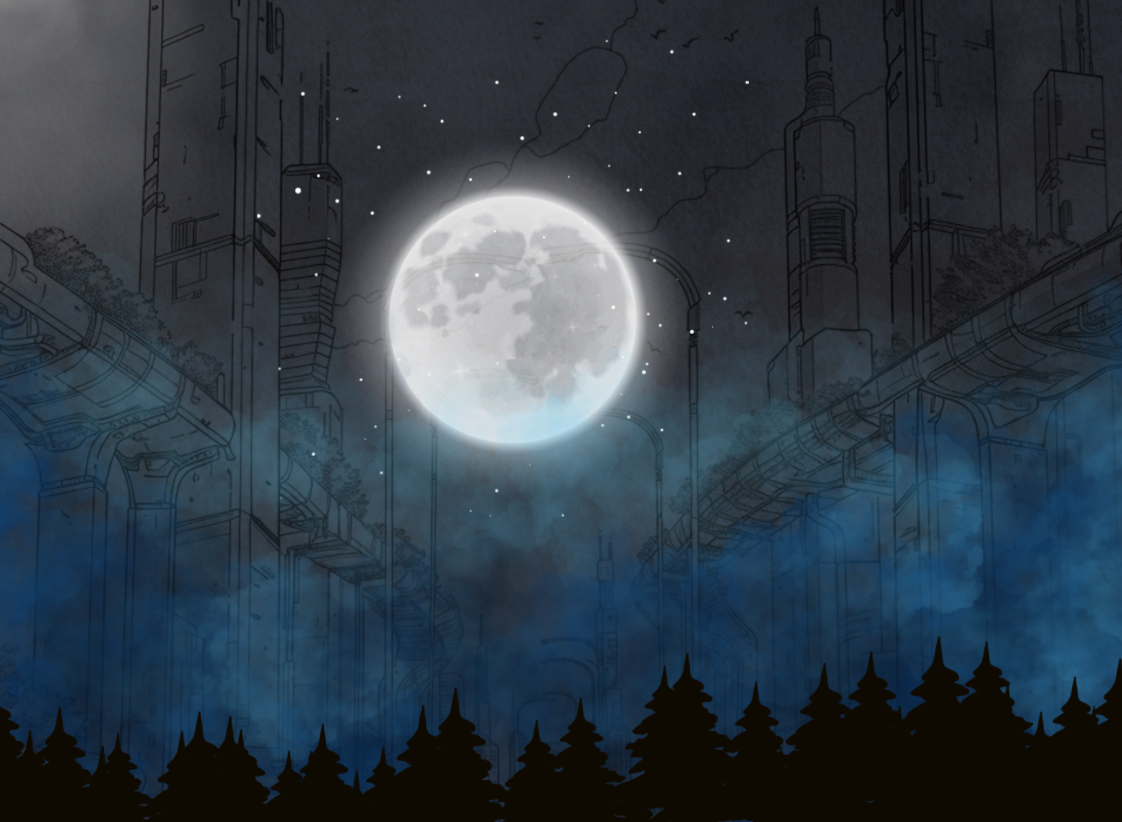 A full moon illuminates a futuristic cityscape with towering buildings and blue mist, silhouetted by tall pine trees in the foreground.