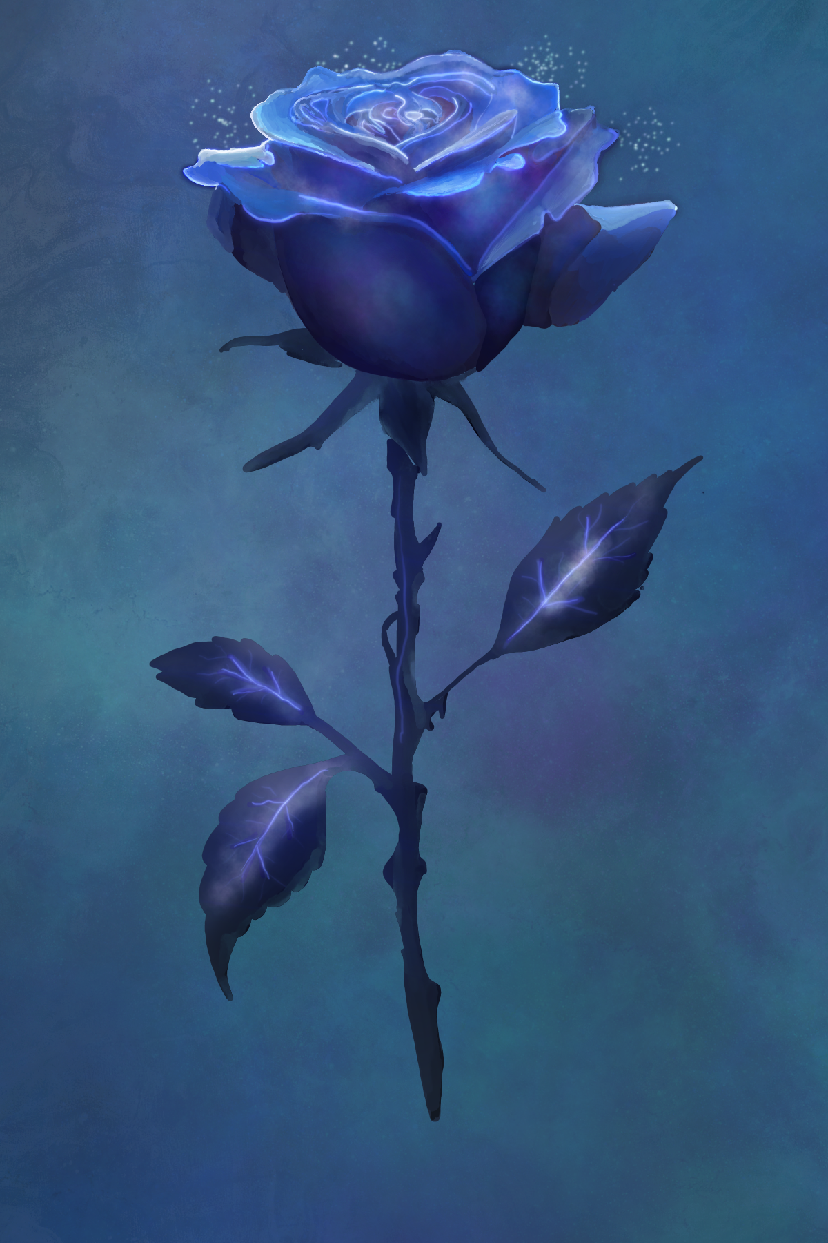A digitally illustrated blue rose with glowing accents against a textured, bluish background.