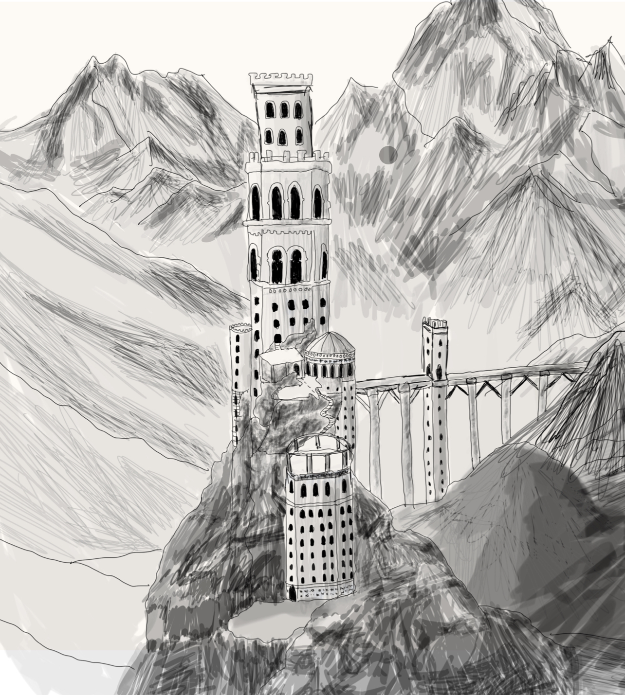 A detailed sketch of a tall, multi-tiered fortress perched on a rocky mountain with a long bridge connecting to surrounding peaks.