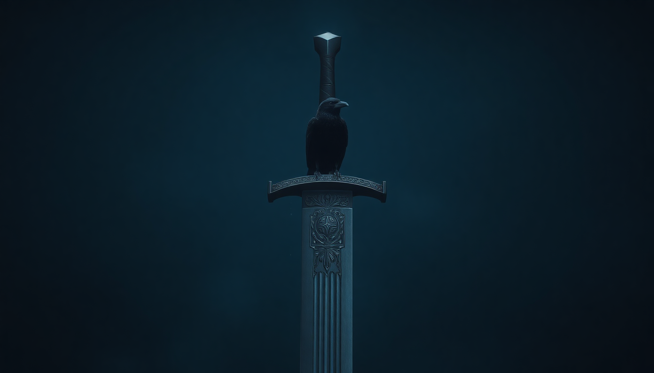 A raven perched on the crossguard of a great sword, against a dark blue background