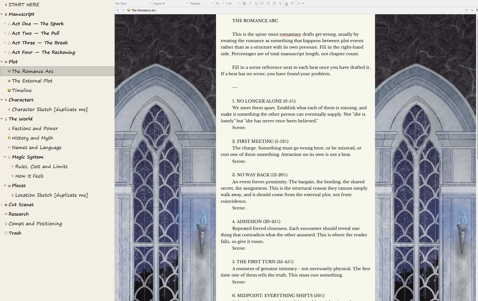 The romance beat sheet document open in Scrivener, showing eleven beats with percentages