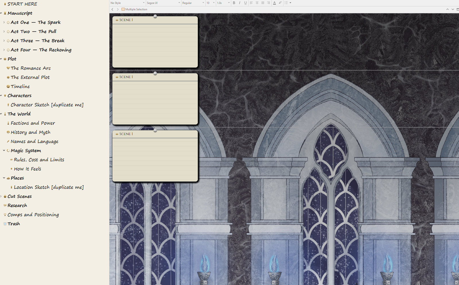 Scrivener binder structure for a romantasy novel with four act folders and worldbuilding sections