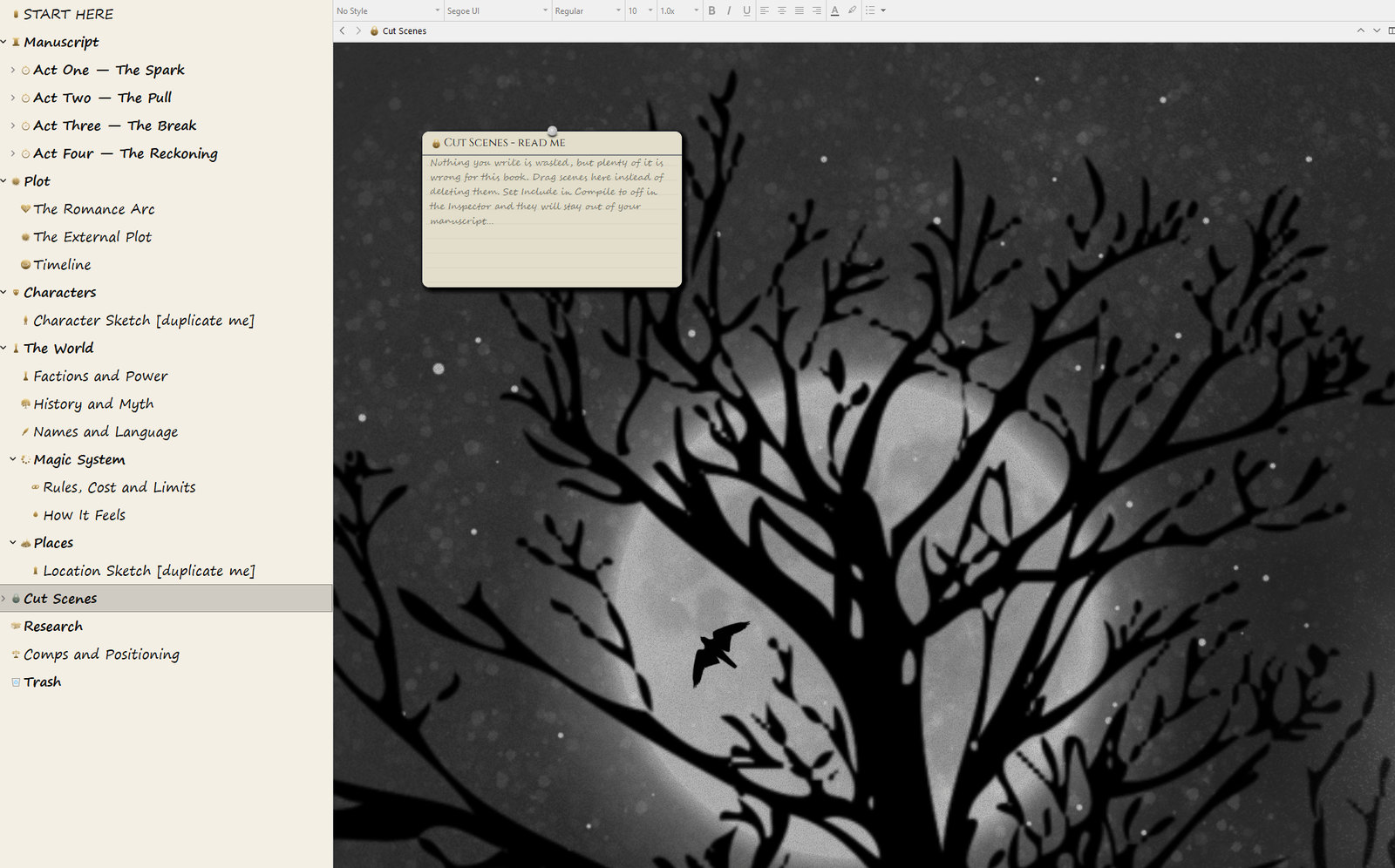 Scrivener composition mode with a custom moonlit forest backdrop