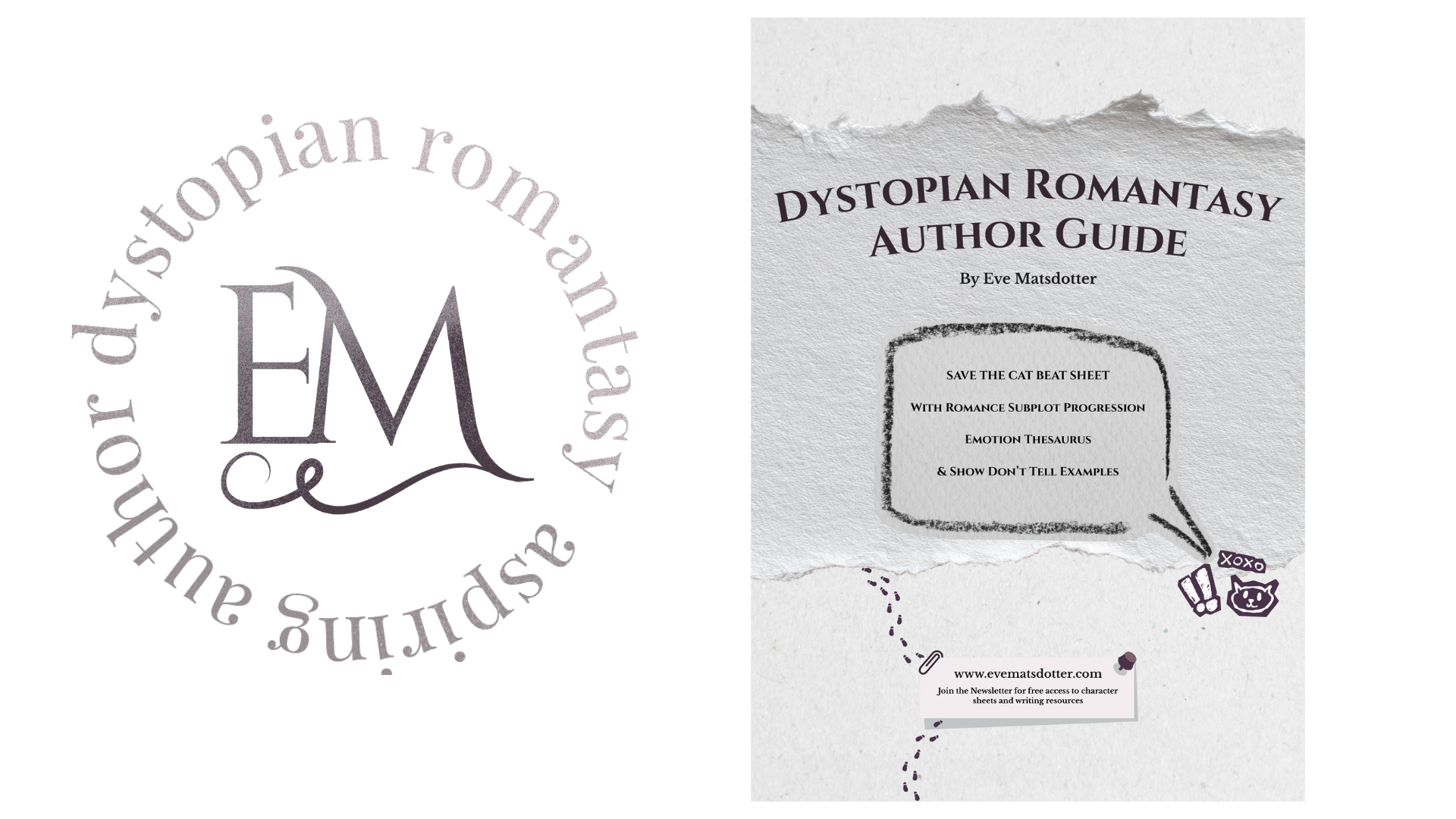 Cover of the Dystopian Romantasy Author Guide by Eve Matsdotter, beside the EM monogram