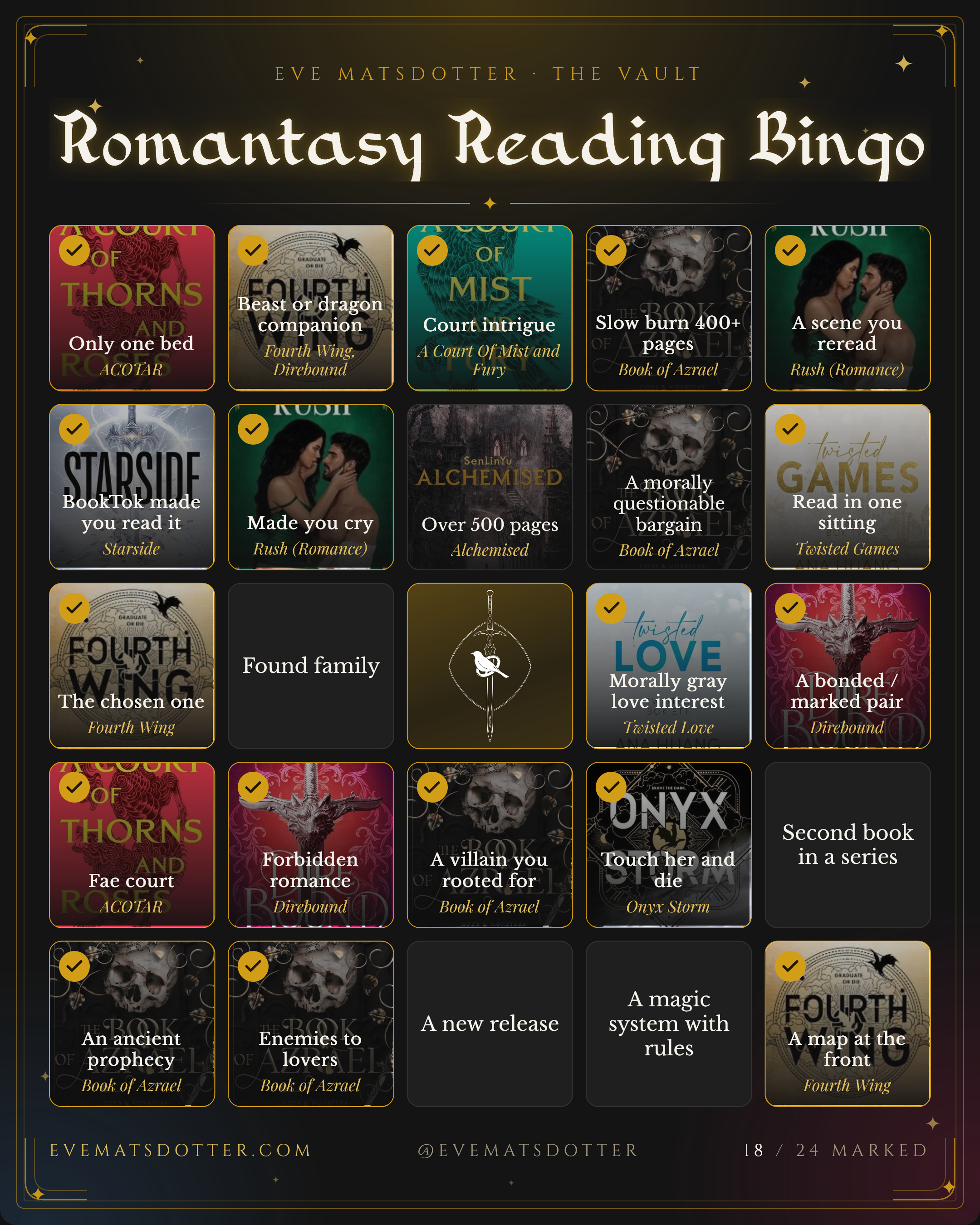 Romantasy Reading Bingo card by Eve Matsdotter features a 5x5 grid with different reading prompts and check marks on various squares.